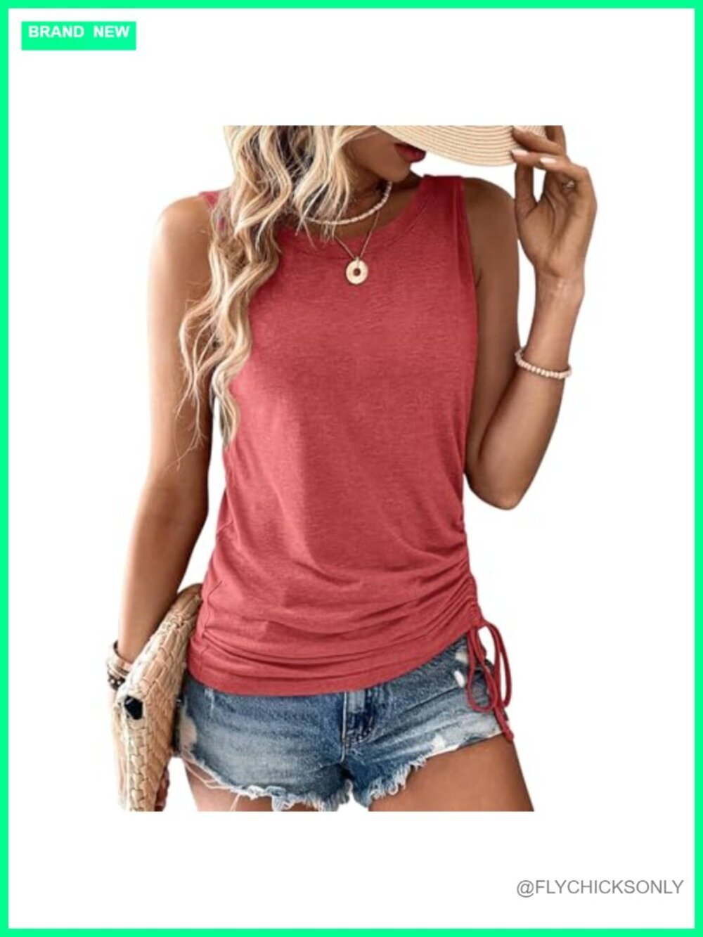 Drawstring Side Sleeveless Tank Top Scoop Neck Summer Stretchable Polyester